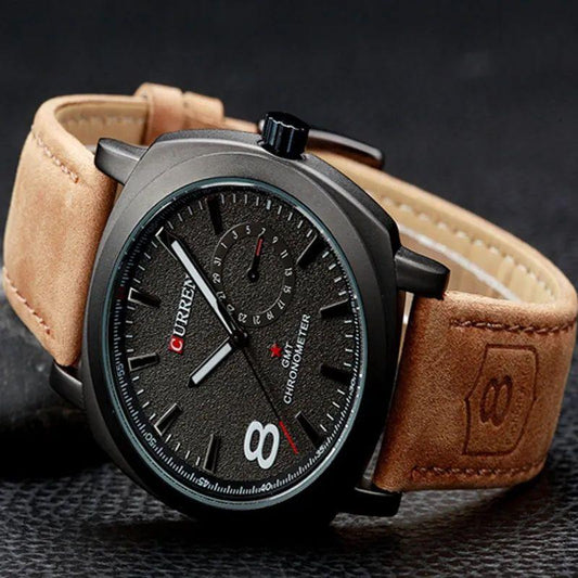 Men's Leather Strap Black Dial Watch