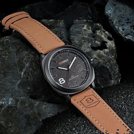 Men's Leather Strap Black Dial Watch