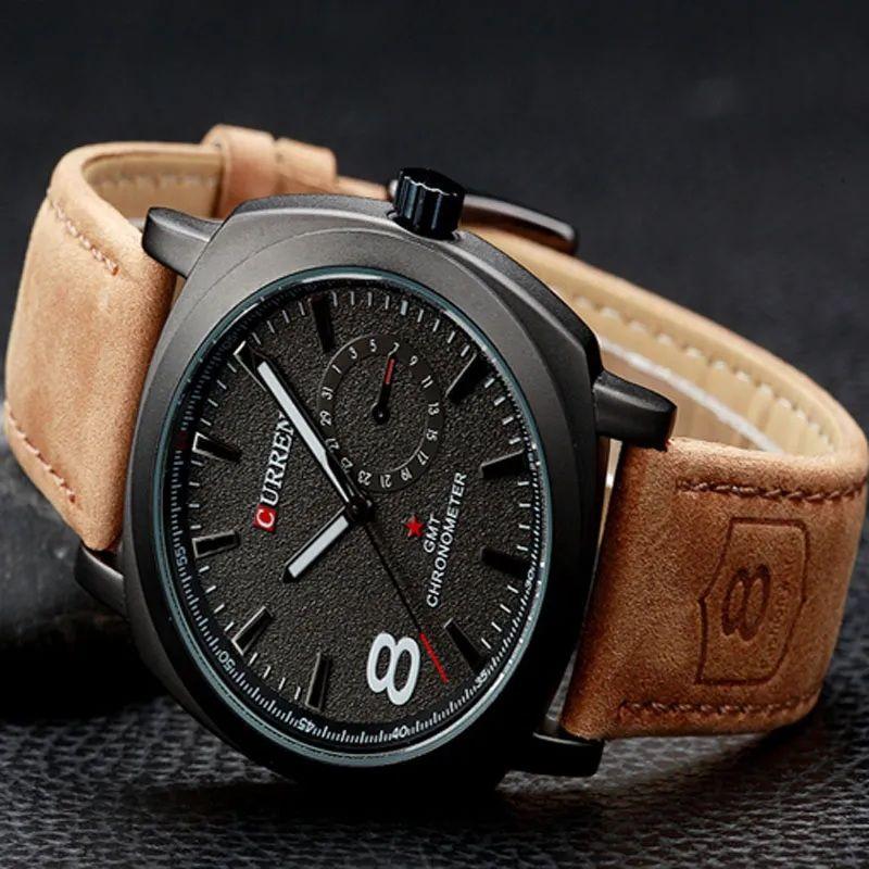 Men's Leather Strap Black Dial Watch
