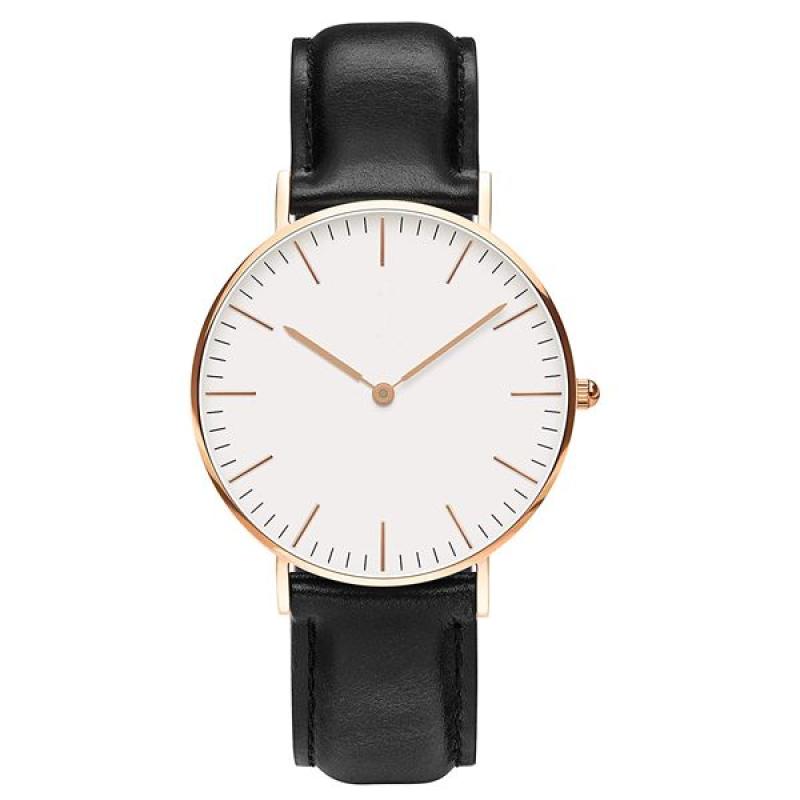 Men's Leather Strap Golden Dial Watch