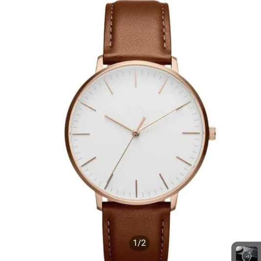 Men's Leather Strap Golden Dial Watch