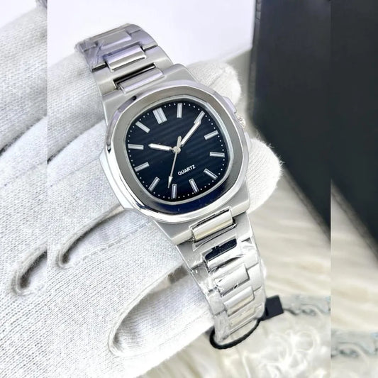 Men's Square  premium Watch Black Dial Silver Chain Strep