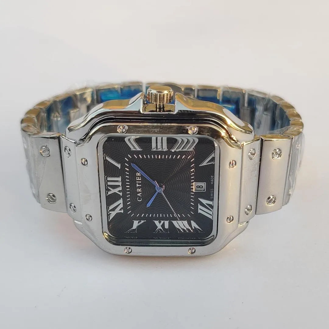 Cartier Men's Stainless Steel Watch with Roman Numeral & Blue Second Hand