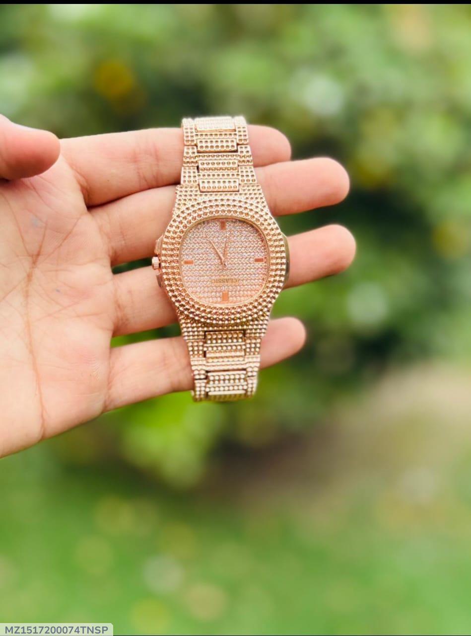 Mens Gold textured Chain Watch With Fold Clasp