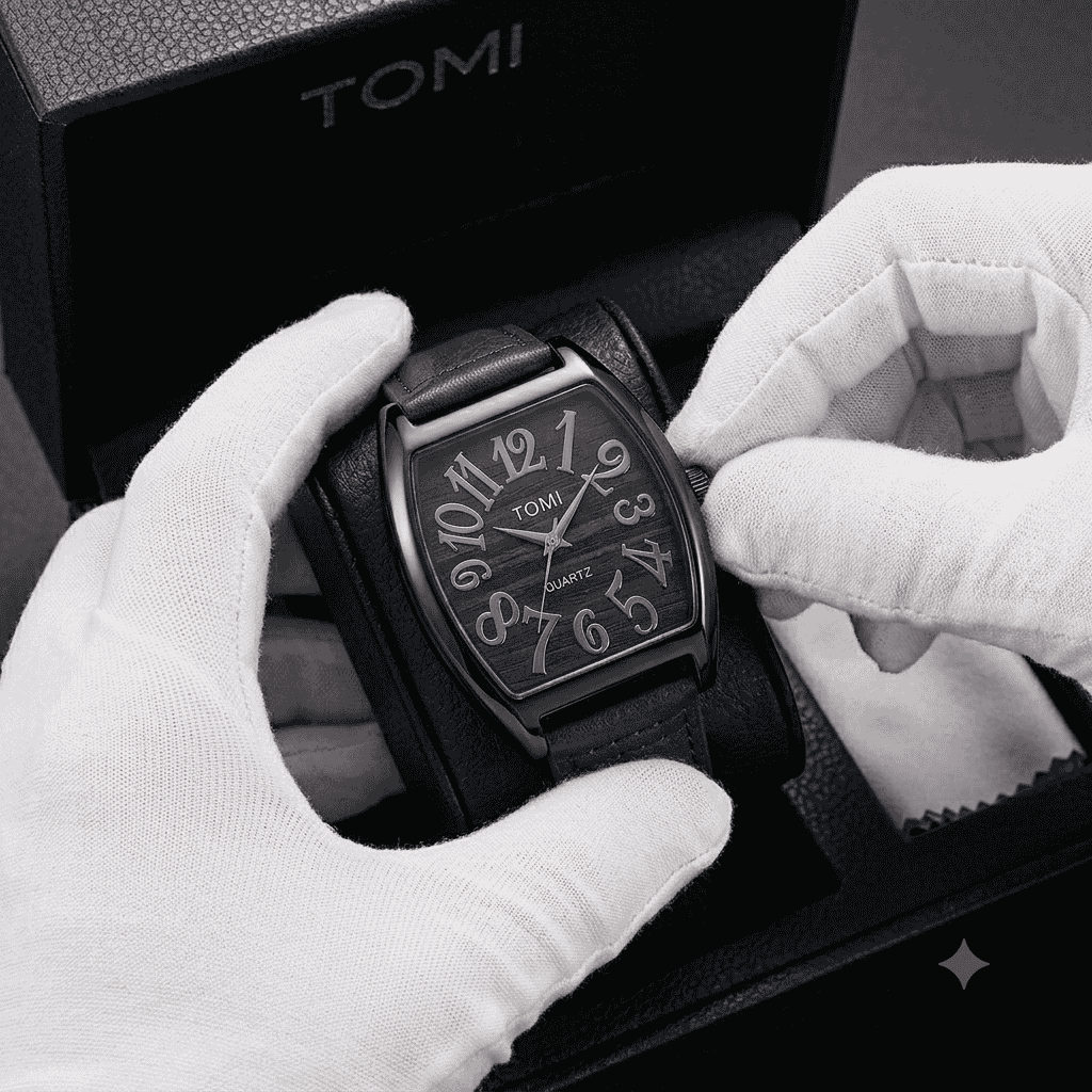 TOMI Classic Curved Dial Leather Strap Watch