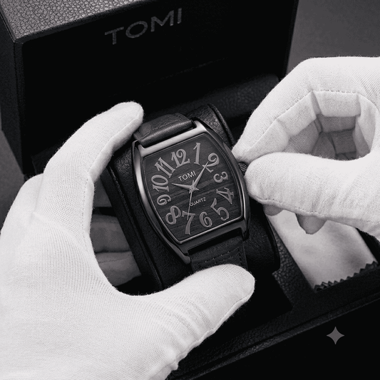 TOMI Classic Curved Dial Leather Strap Watch