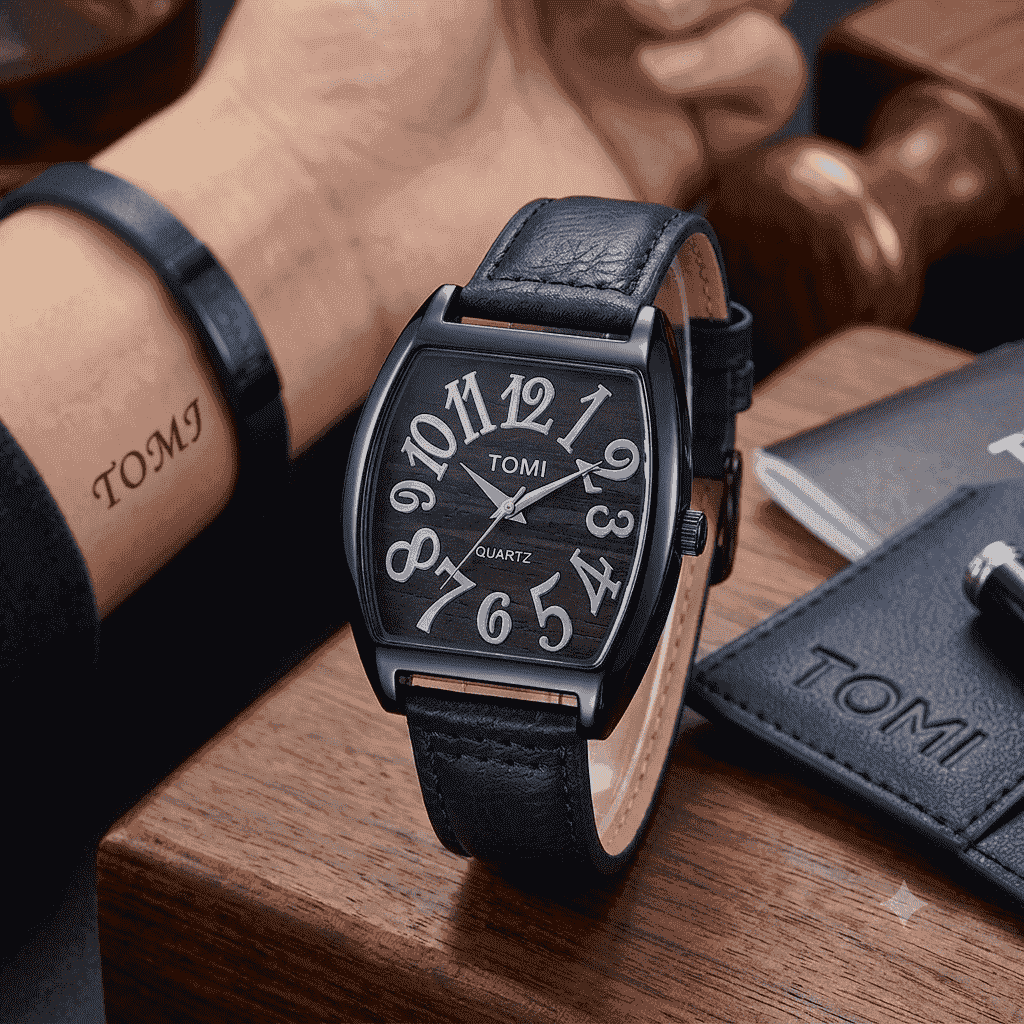 TOMI Classic Curved Dial Leather Strap Watch