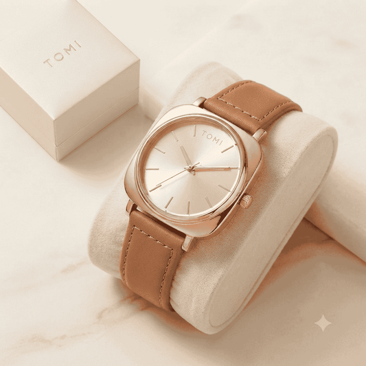 TOMI Classic Rose Gold Leather Watch – Elegant Minimalist Men's Timepiece